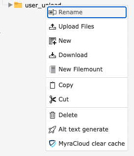 View of File tree context menu showing Myra clear cache option