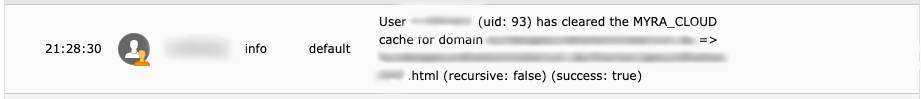 View of TYPO3 system log, showing a Myra Clear Cache log entry