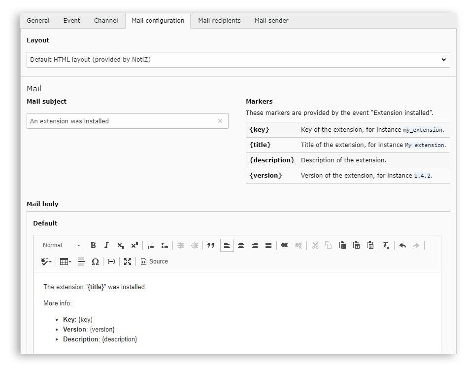Notification tab configuration