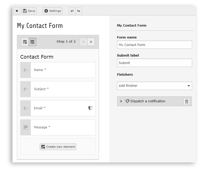 Form notification finisher