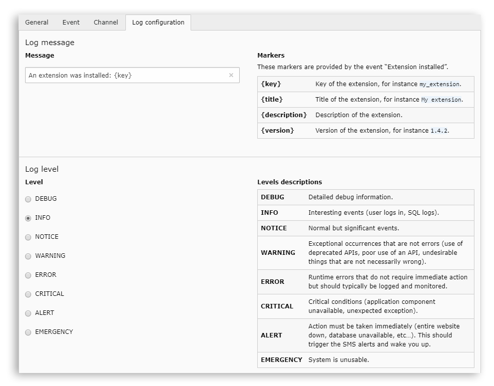 Log tab configuration