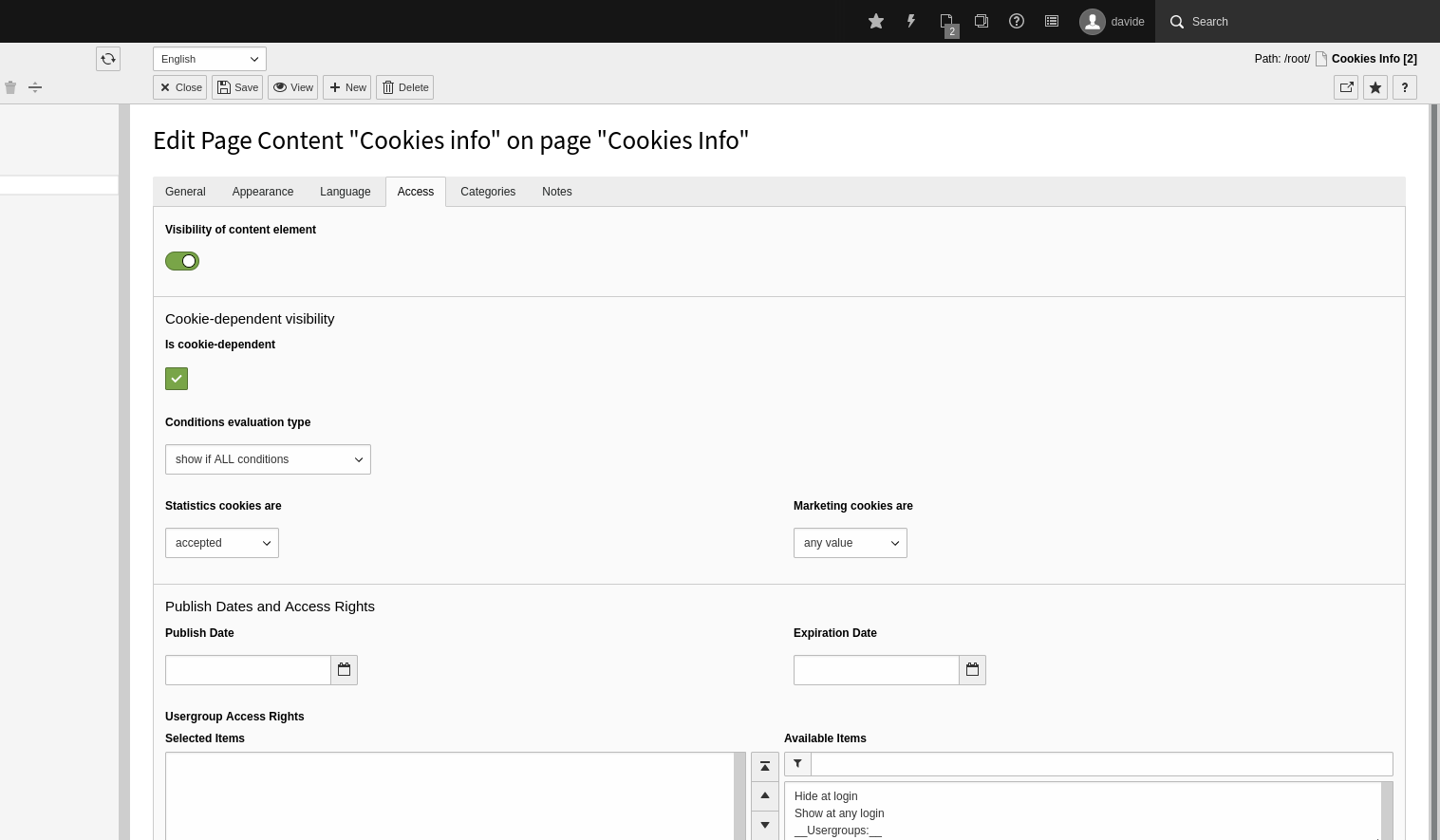 content element cookies dependency