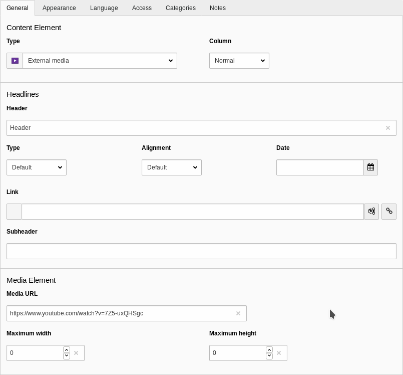 A screenshot of a Backend form for editing an external media content element