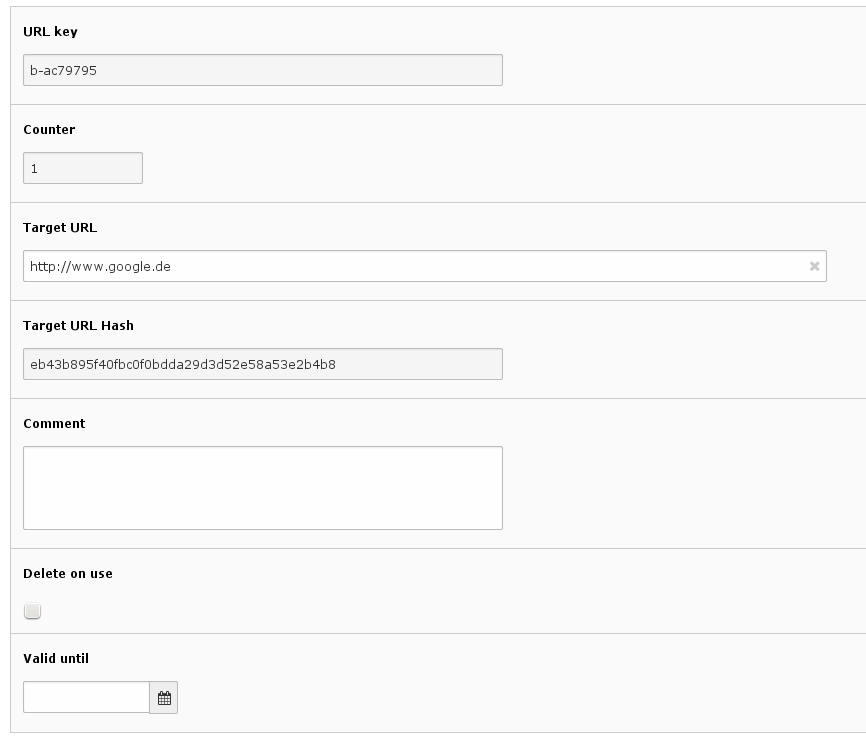 Screenshot of the Backend form for editing a tinyurl record.