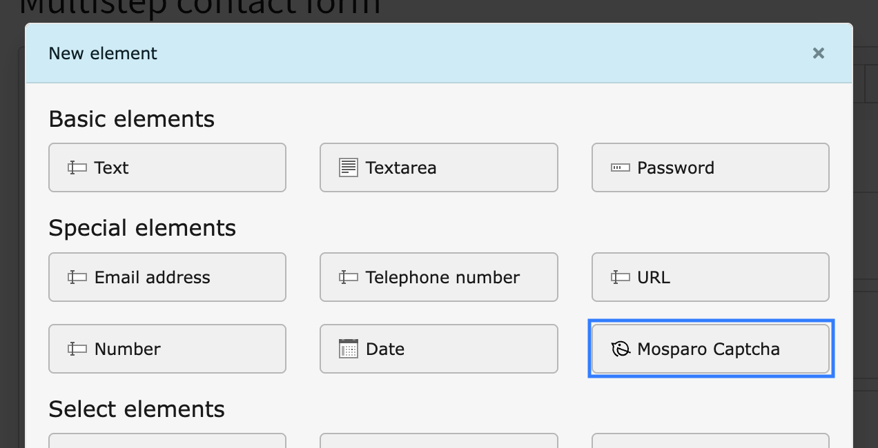 TYPO3 Form Framework interface with the “Mosparo Captcha” element highlighted in the “New element” dialog