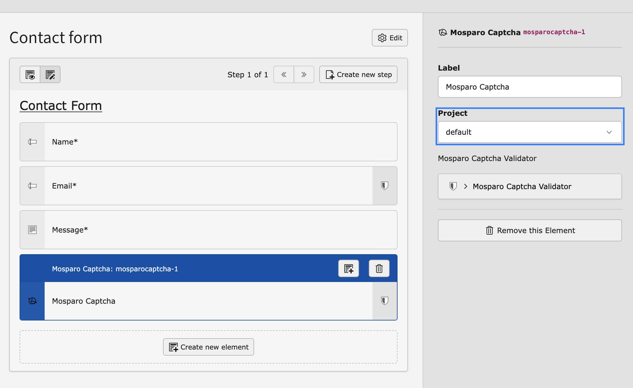 “Mosparo Captcha” form element settings, showing the dropdown to select the mosparo project