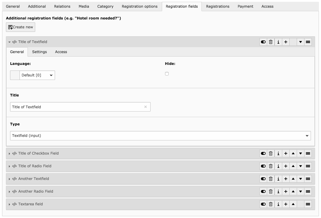 Registration fields