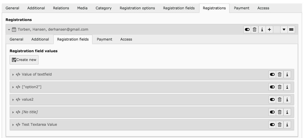 Registration field values