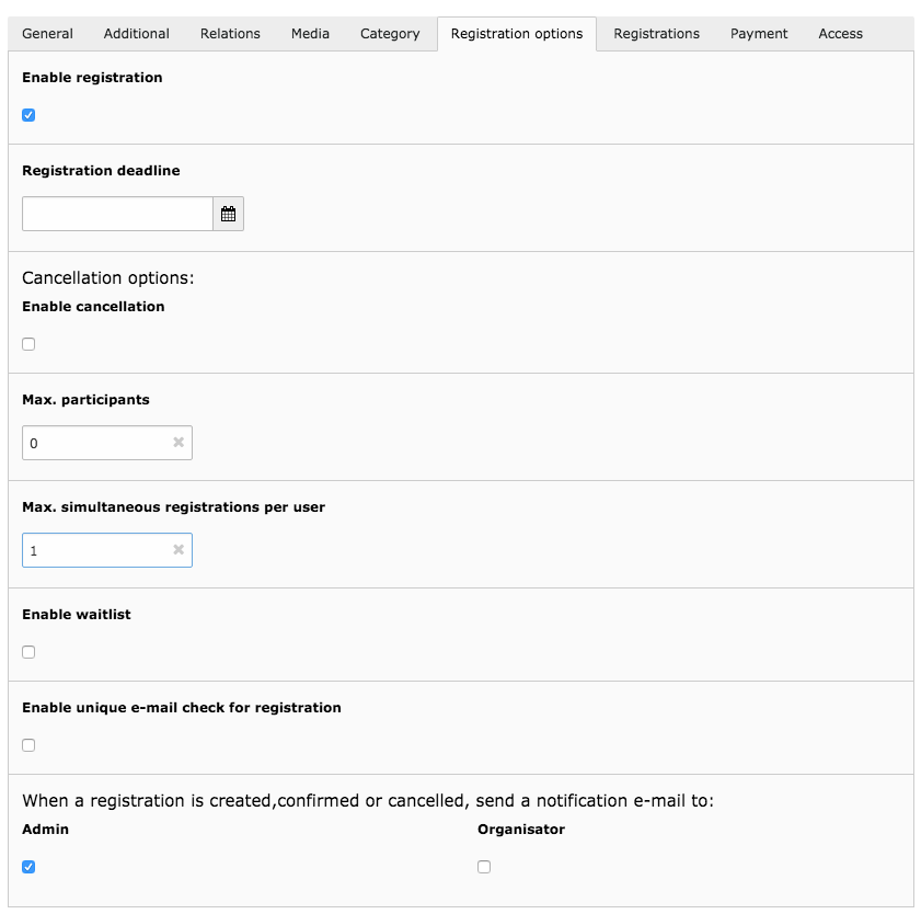 Event record (Tab: registration options)