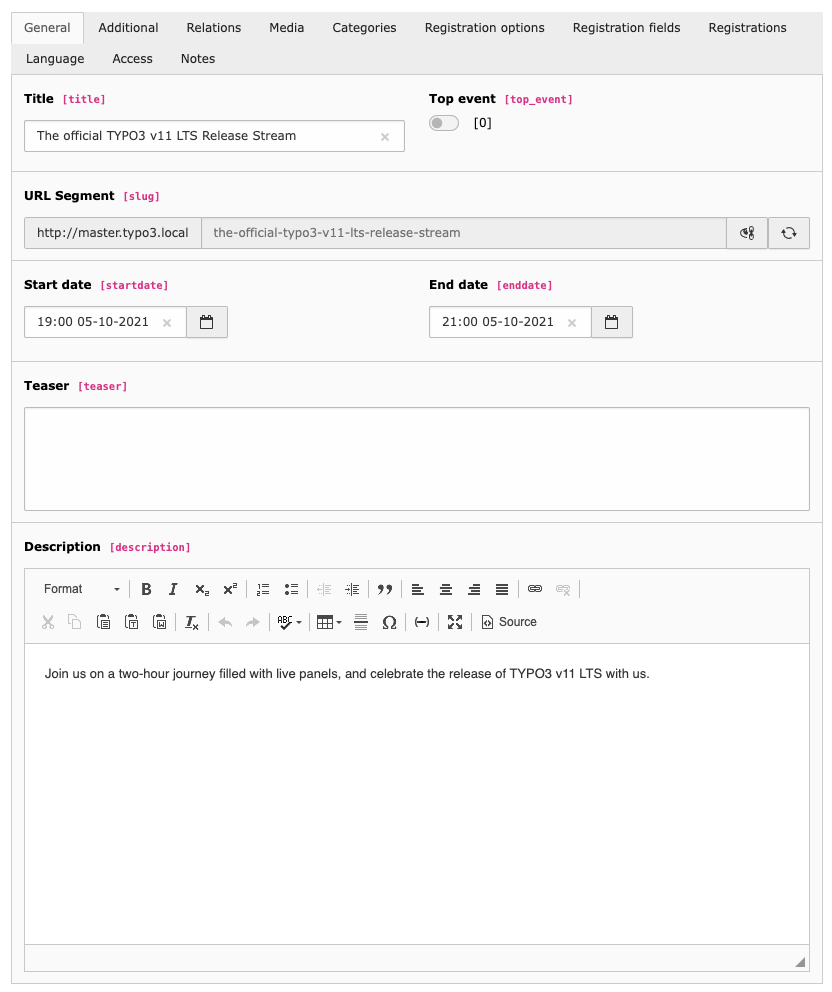 Event general tab