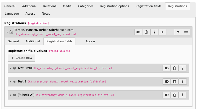 Registration field values