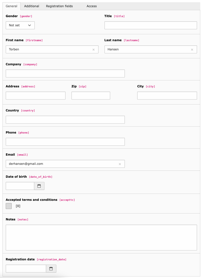 Registration fields
