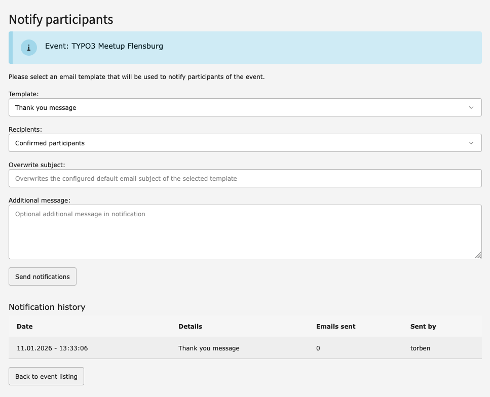 Actions of the backend module