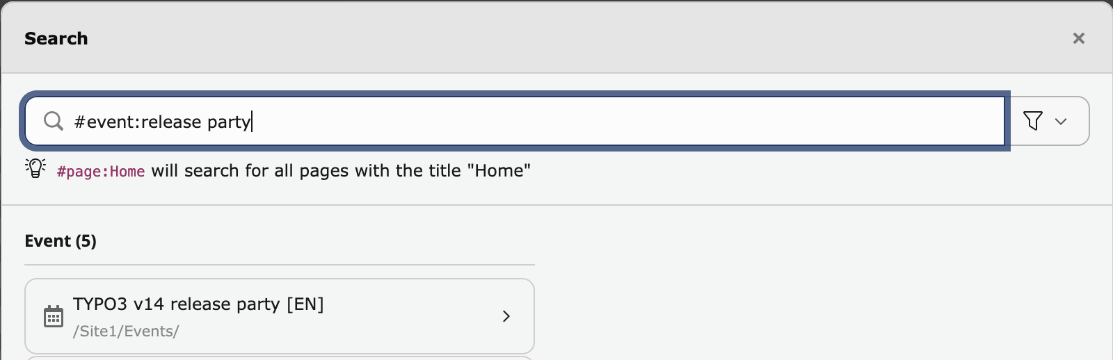 TYPO3 live search for events