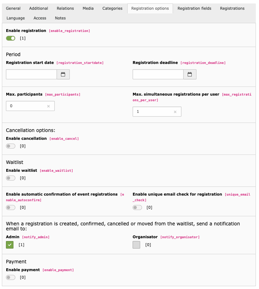 Event record (Tab: registration options)