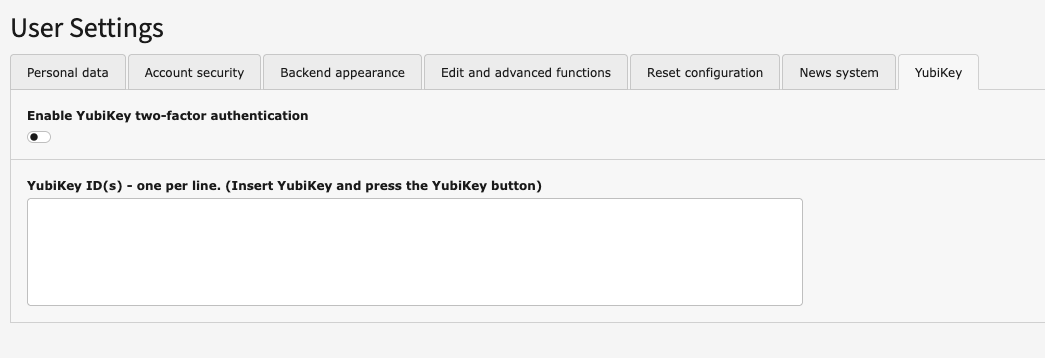 YubiKey User Settings