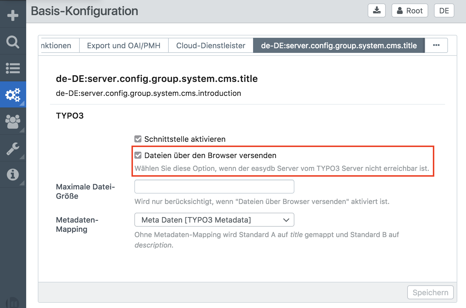easydb settings for data transfer