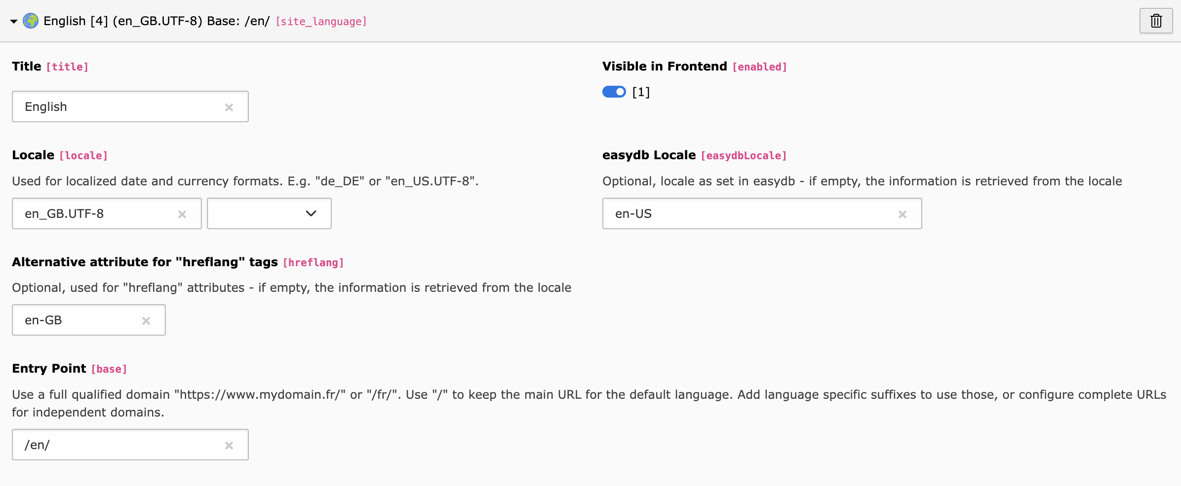 easydb locale in TYPO3 site language configuration