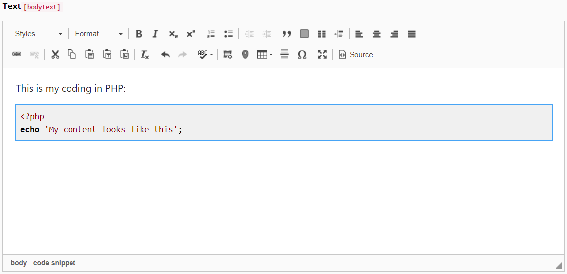 Preview of your code snippet in CKEditor in TYPO3 backend