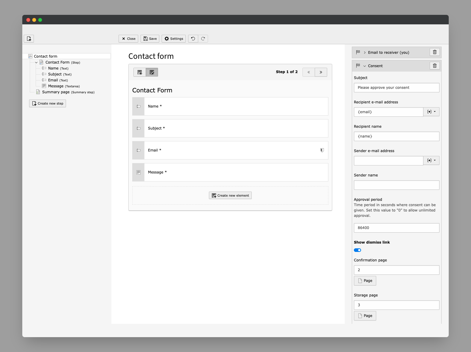 Form editor with consent finisher options