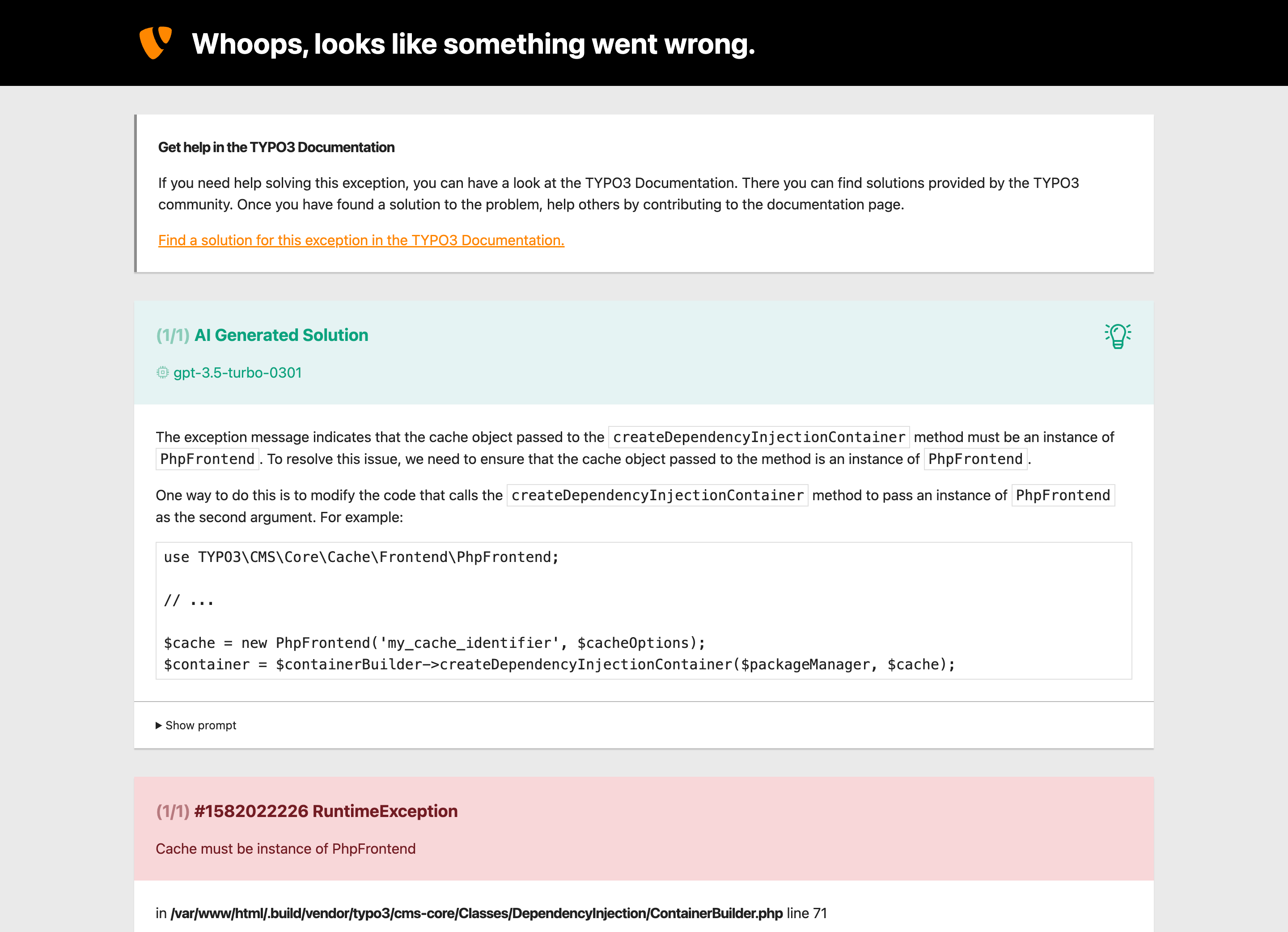 Error page with a synchronously provided solution