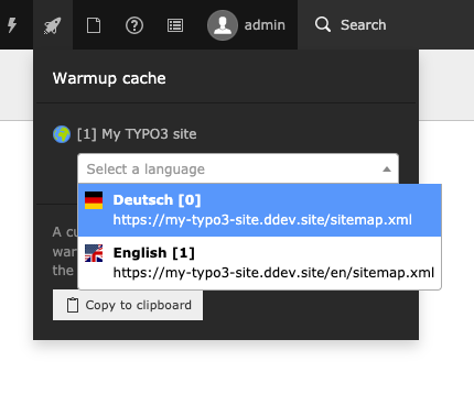 Cache warmup toolbar item within the TYPO3 backend