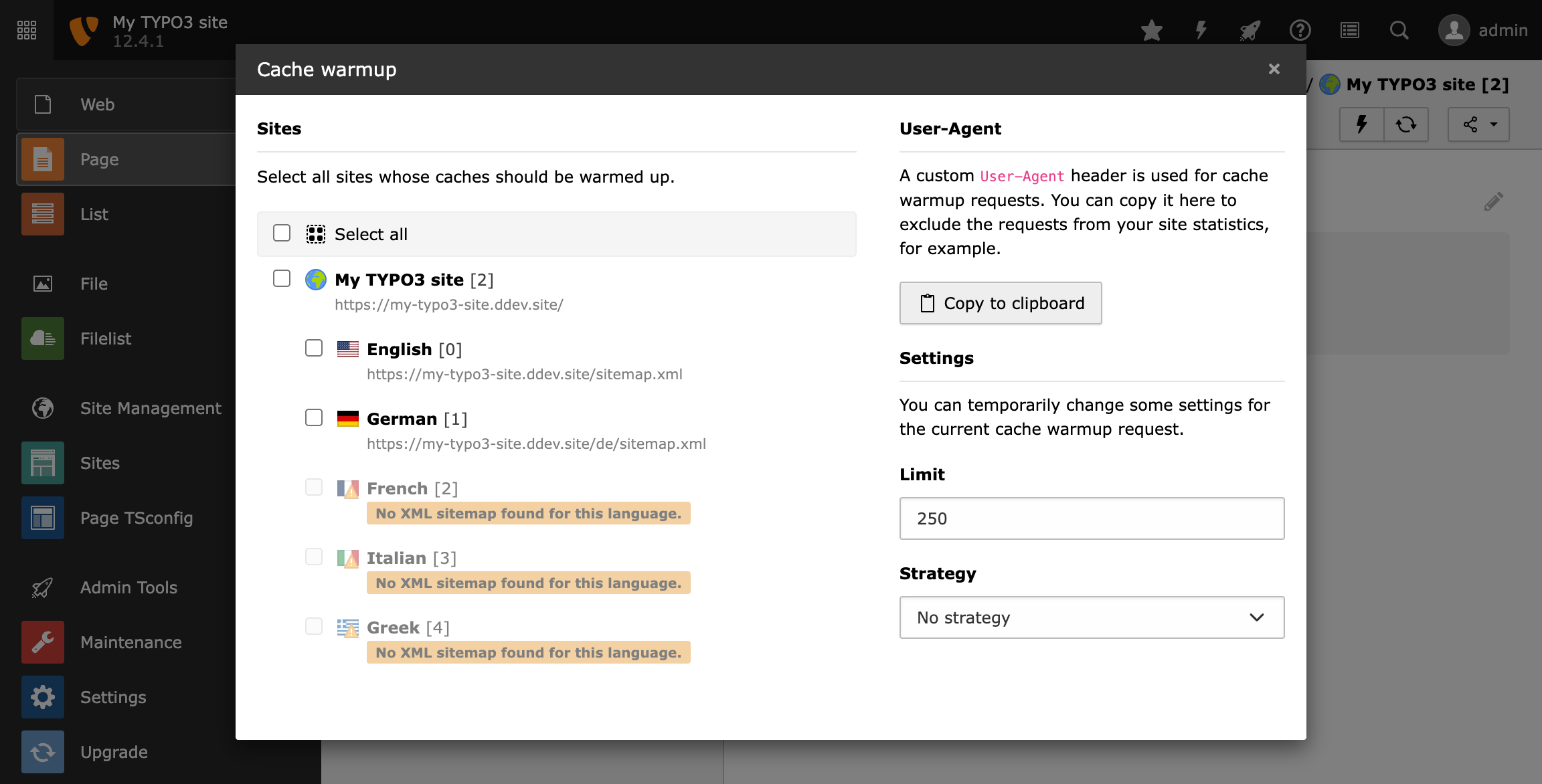 Modal with available sites for cache warmup within the TYPO3 backend