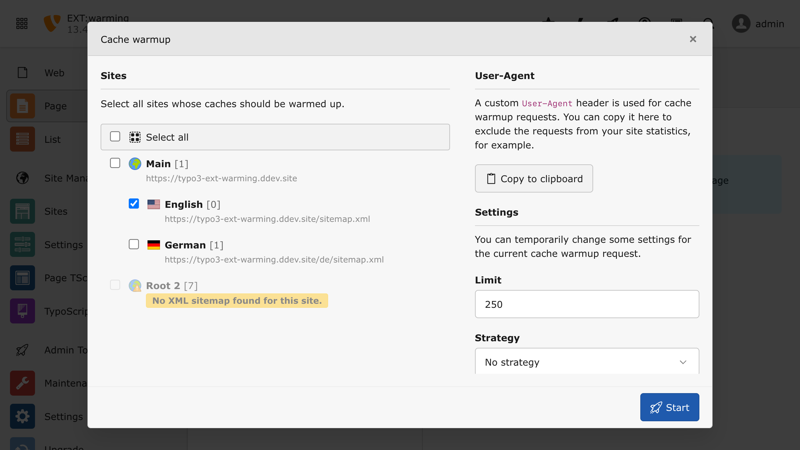 Modal with available sites for cache warmup within the TYPO3 backend