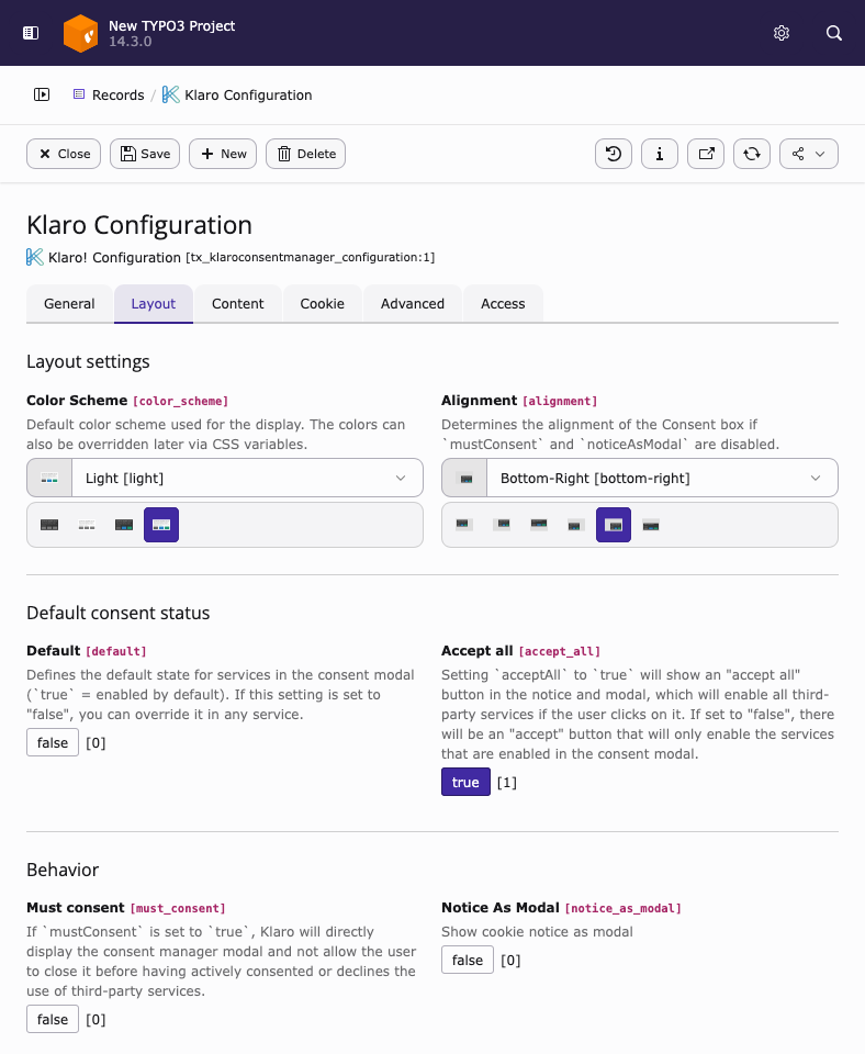 TYPO3 backend form showing Klaro configuration fields