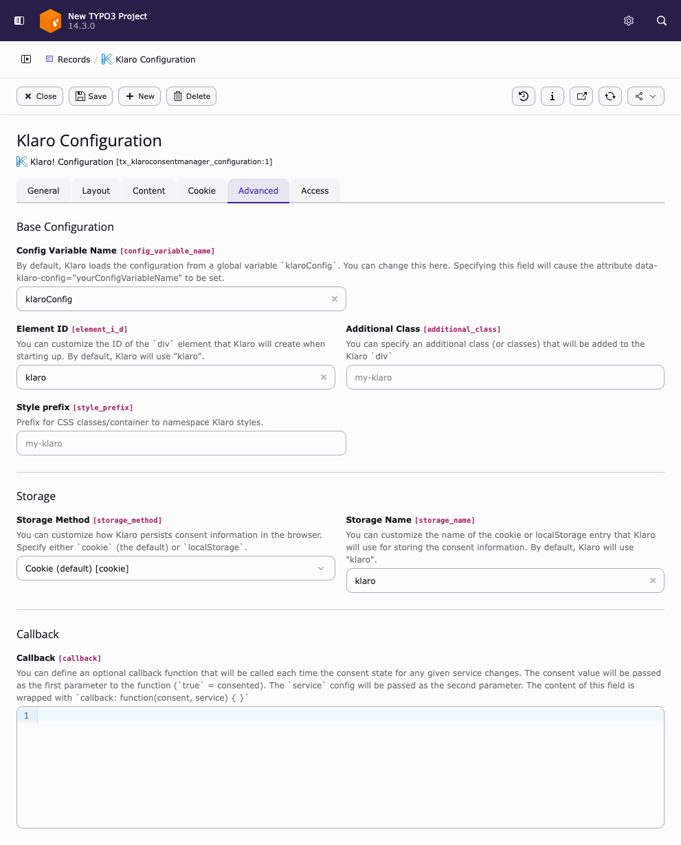 Advanced tab of a Klaro configuration record