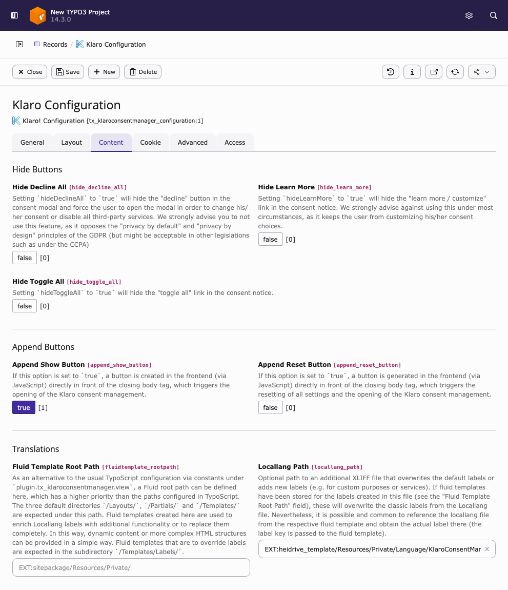 Content tab of a Klaro configuration record