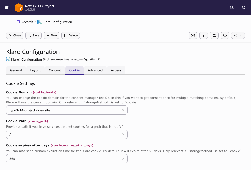 Cookie tab of a Klaro configuration record
