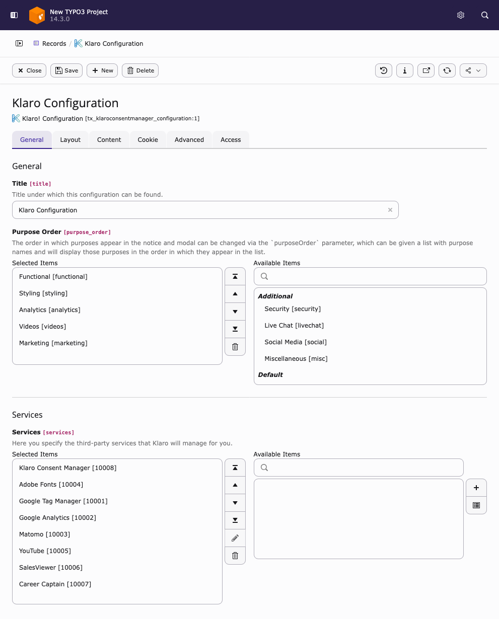 General tab of a Klaro configuration record