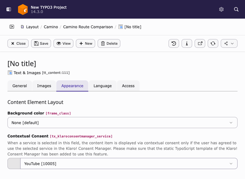 TYPO3 content element configured for Klaro contextual consent