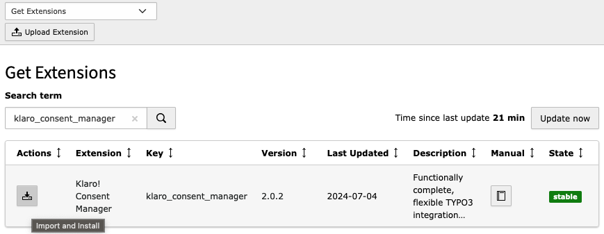 Extensions module search result for the Klaro TYPO3 extension