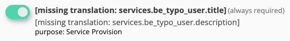 Klaro frontend output showing missing translation placeholders for a custom service