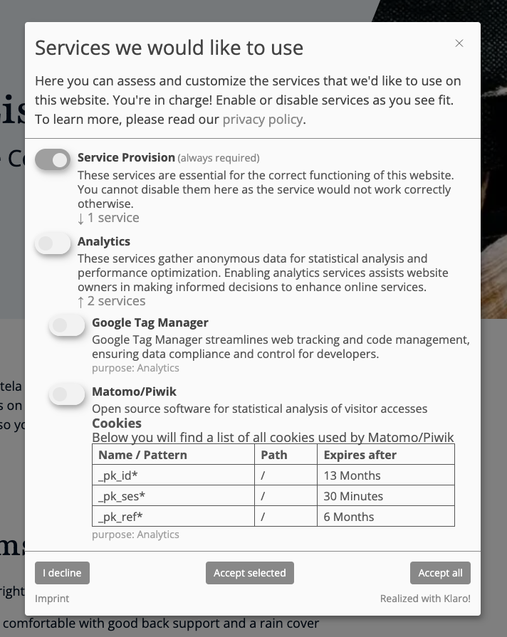 Klaro frontend consent modal opened through the Let me choose action