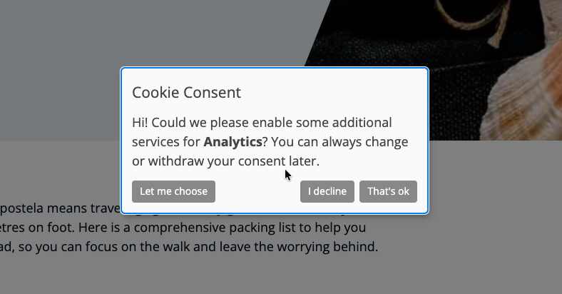 Klaro frontend consent notice shown as the initial modal