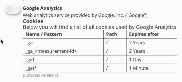 Klaro service description with automatically appended cookie information table