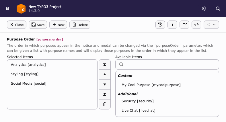 Custom purpose option in a TYPO3 backend service record