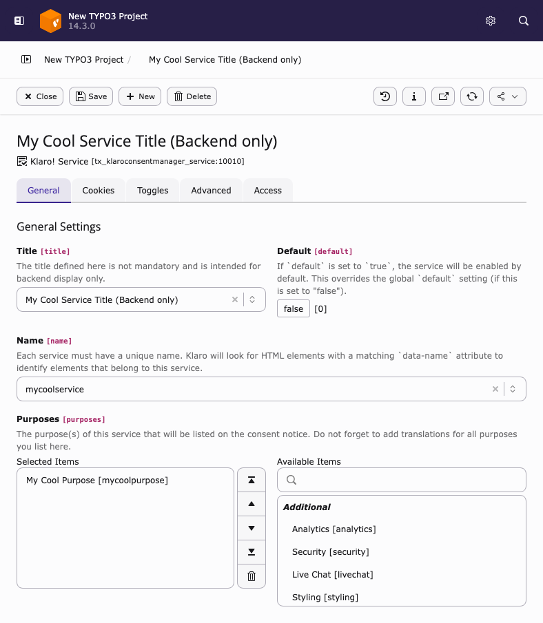 Custom Klaro service record in the TYPO3 backend