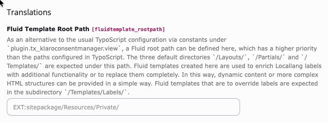 Fluid Template Root Path field in the Klaro configuration content tab