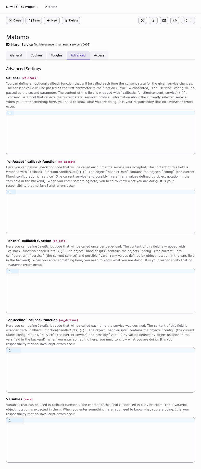 Advanced tab of a Klaro service record