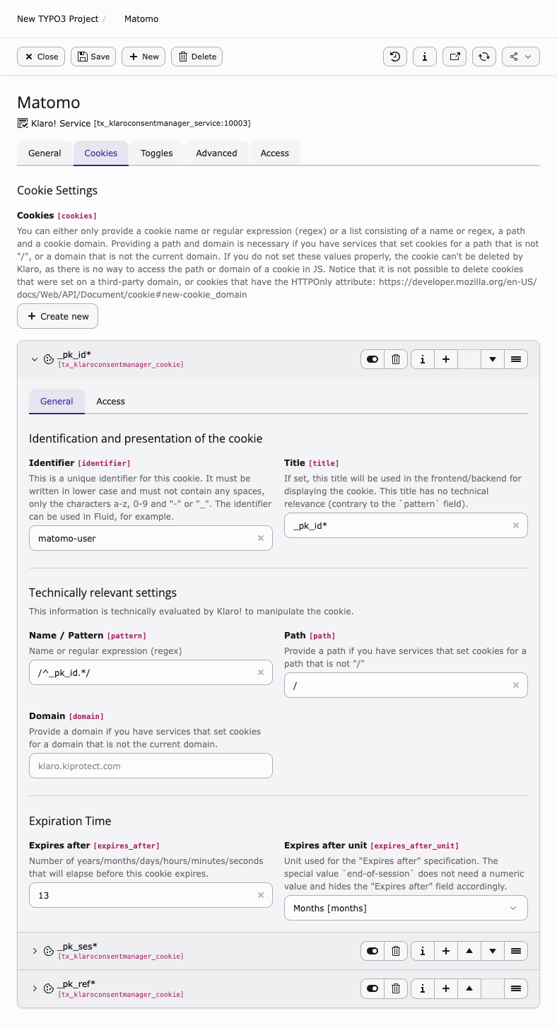 Cookies tab of a Klaro service record