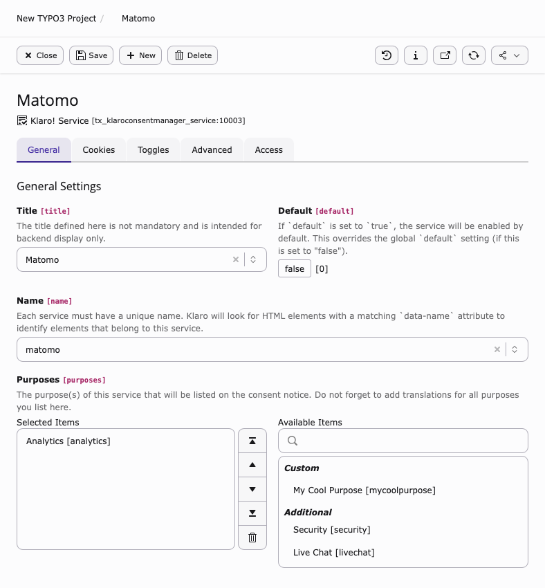 General tab of a Klaro service record