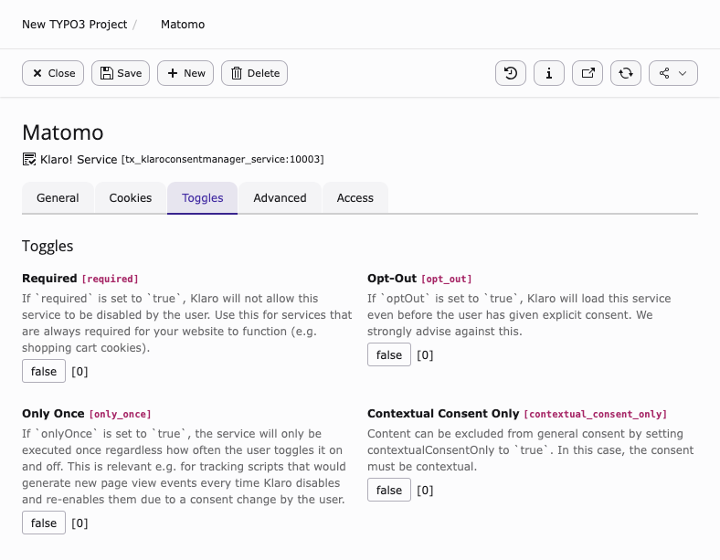 Toggles tab of a Klaro service record