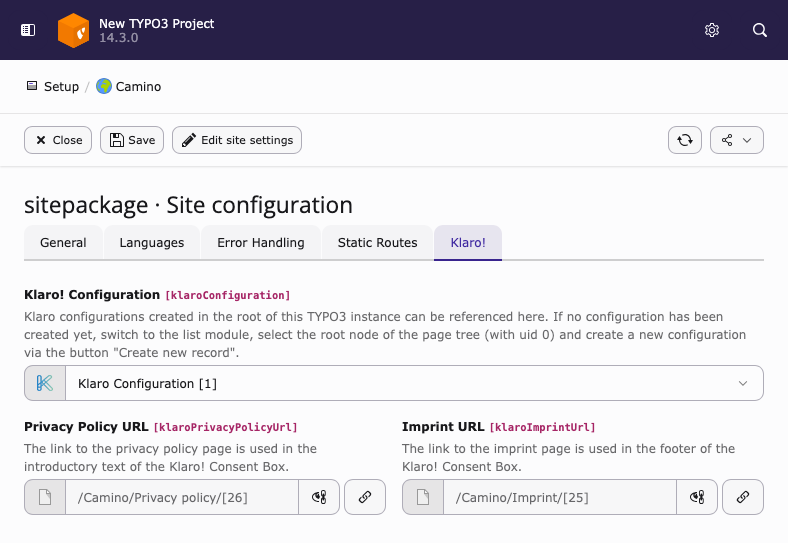 Klaro tab in the TYPO3 site configuration