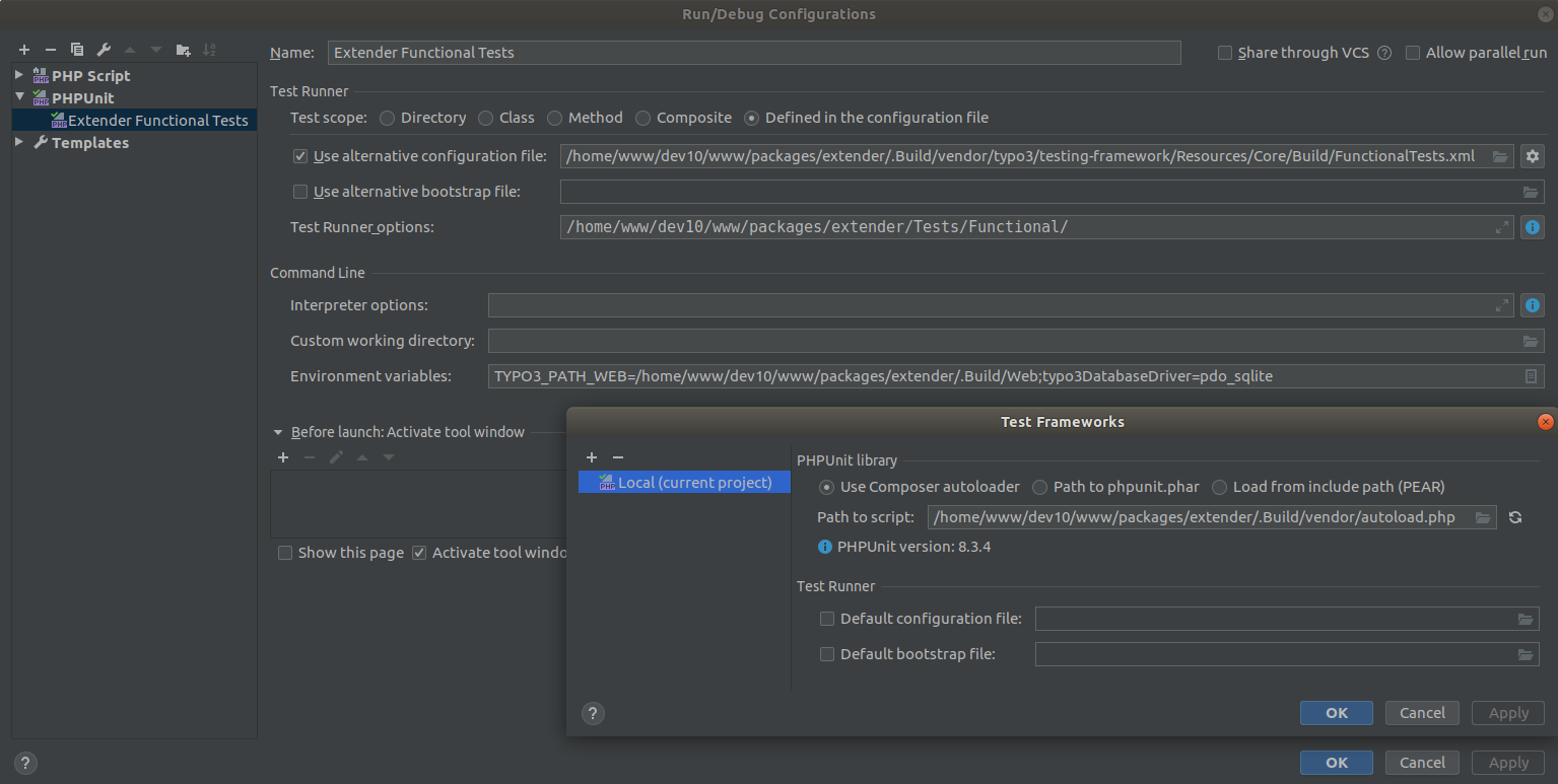 Setting up configuration for Functional Testing in PhpStorm