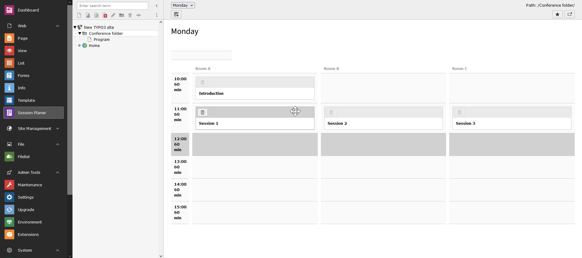 Example of the backend module of the sessionplaner