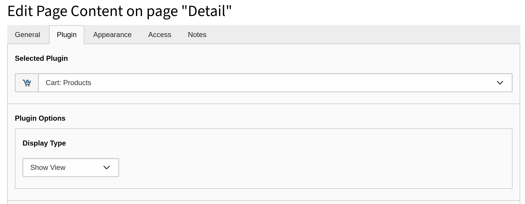 Settings within the plugin "Cart: Products" for the detail view